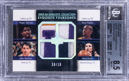 2003-04 UD "Exquisite Collection" Exquisite Foursomes #JPSN Johnson/Payton/Stockton/Nash Game Used Patch Card (#10/10) - BGS NM-MT+ 8.5